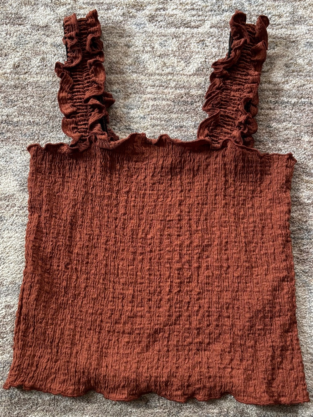 Smocked Ruffle Strap Crop Tank Top - Rust Brown